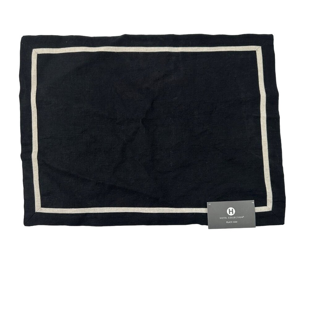 Set Of 4 Hotel Collection Black Linen Placemats With Khaki Trim 14" x 19"